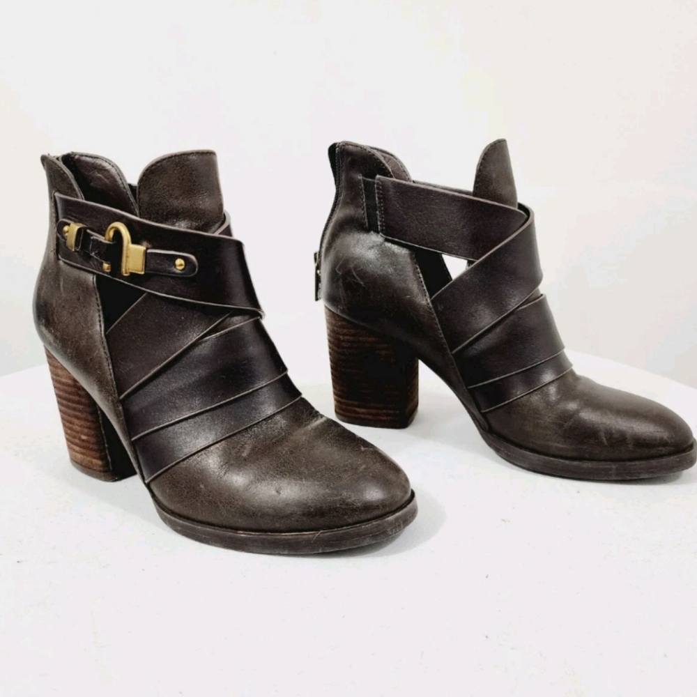 Isola Dark Brown Leather Strappy Ankle Booties with Gold Buckle